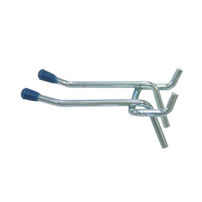 Double arm 2-inch hook peg by Emery Jensen for basement or garage storage, mounted on a wall for organizing tools and accessories.
