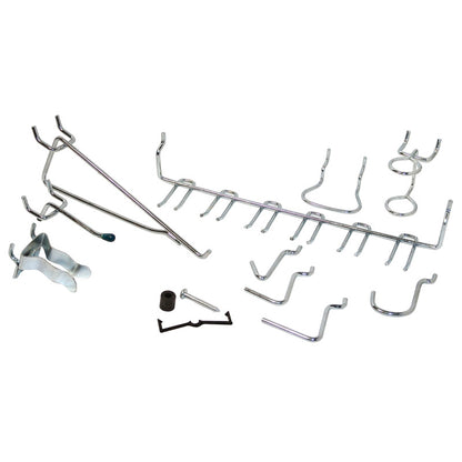 Emery Jensen hook pegboard set for basement or garage storage, includes assorted hooks for organizing tools and supplies