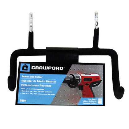 Emery Jensen power drill hook 15# mounted on basement or garage storage wall for organizing tools and equipment.