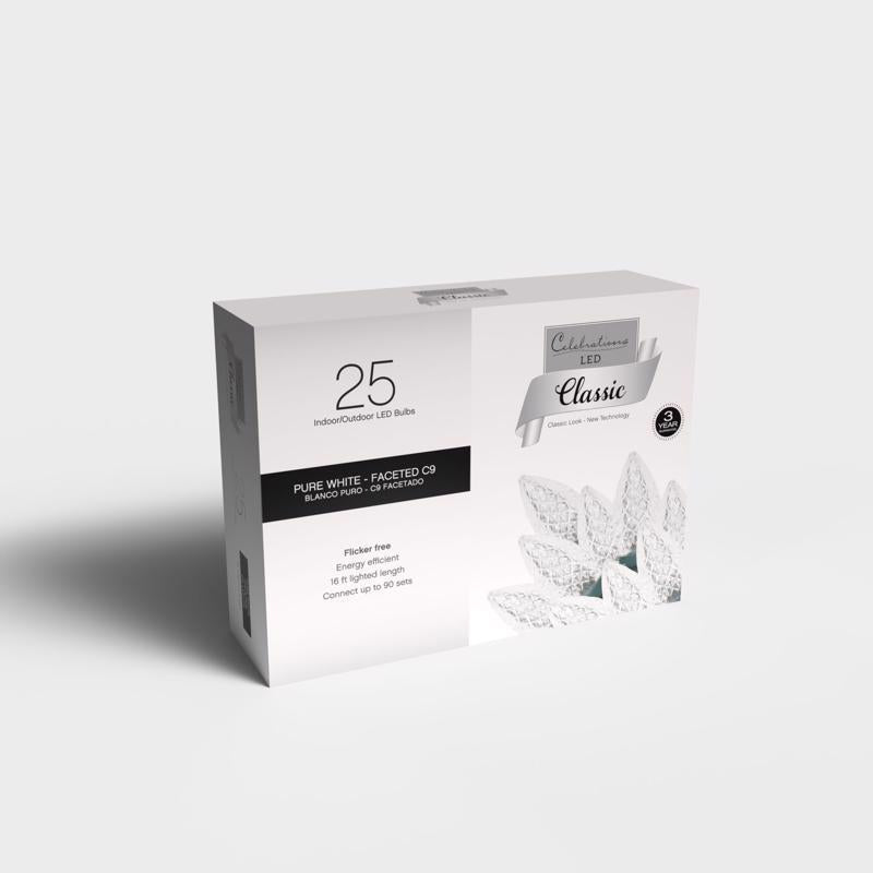 Emery Jensen LGHTS C9 Pure White 25-count basic LED string lights for decorative use, perfect for holiday or special occasions.