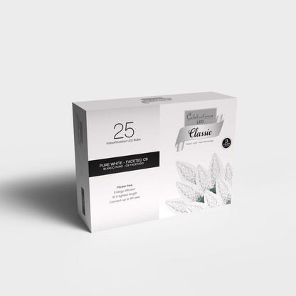 Emery Jensen LGHTS C9 Pure White 25-count basic LED string lights for decorative use, perfect for holiday or special occasions.
