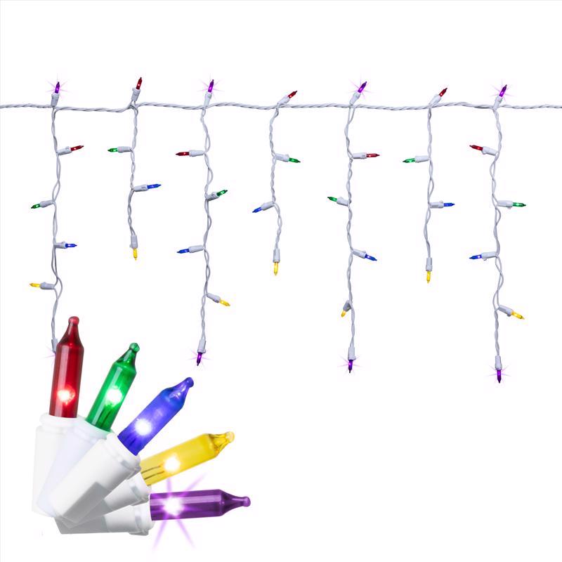 Emery Jensen CLSSC LED icicle lights hanging in multi-color, decorative LED net and icicle display for festive holiday decoration