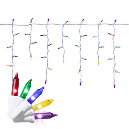 Emery Jensen CLSSC LED icicle lights hanging in multi-color, decorative LED net and icicle display for festive holiday decoration