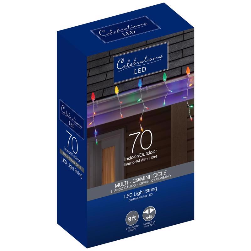 Multi-color LED icicle lights from Emery Jensen, 70-count basic LED net and icicle string for festive decoration.