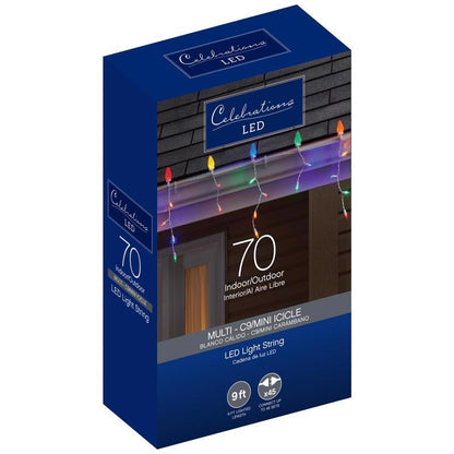 Multi-color LED icicle lights from Emery Jensen, 70-count basic LED net and icicle string for festive decoration.