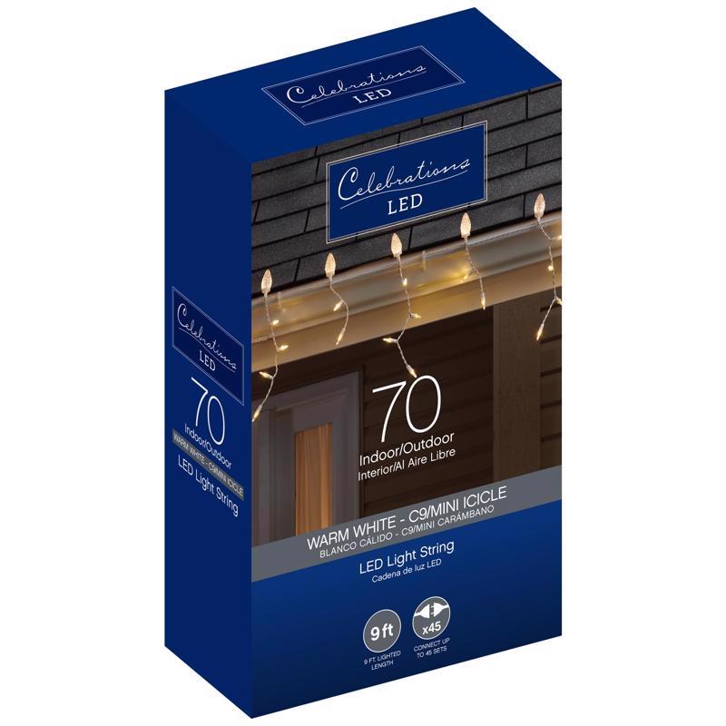 Emery Jensen 9-foot warm white LED net lights and icicles for holiday décor, featuring 70 clear LED bulbs on a basic net design.