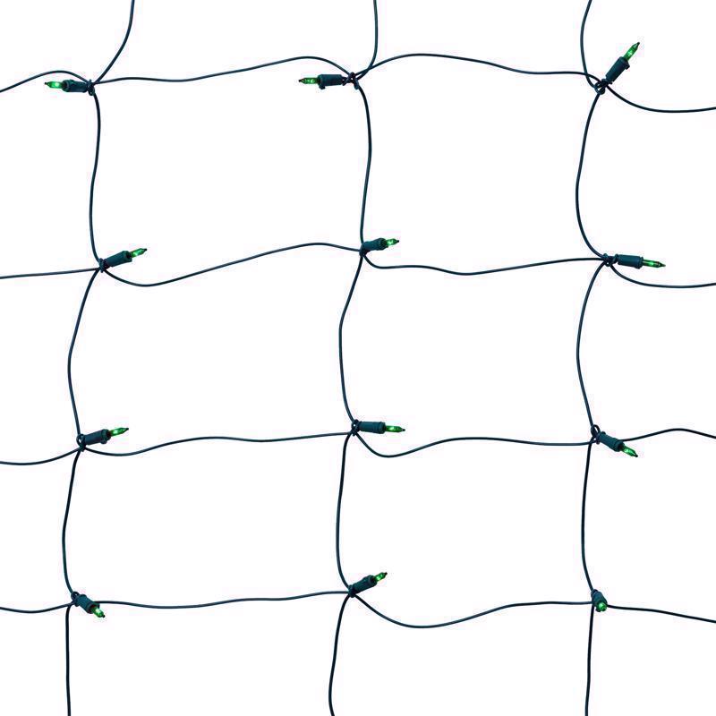 Green LED net lights from Emery Jensen, 100-count, for holiday or decorative lighting with icicle-style design.