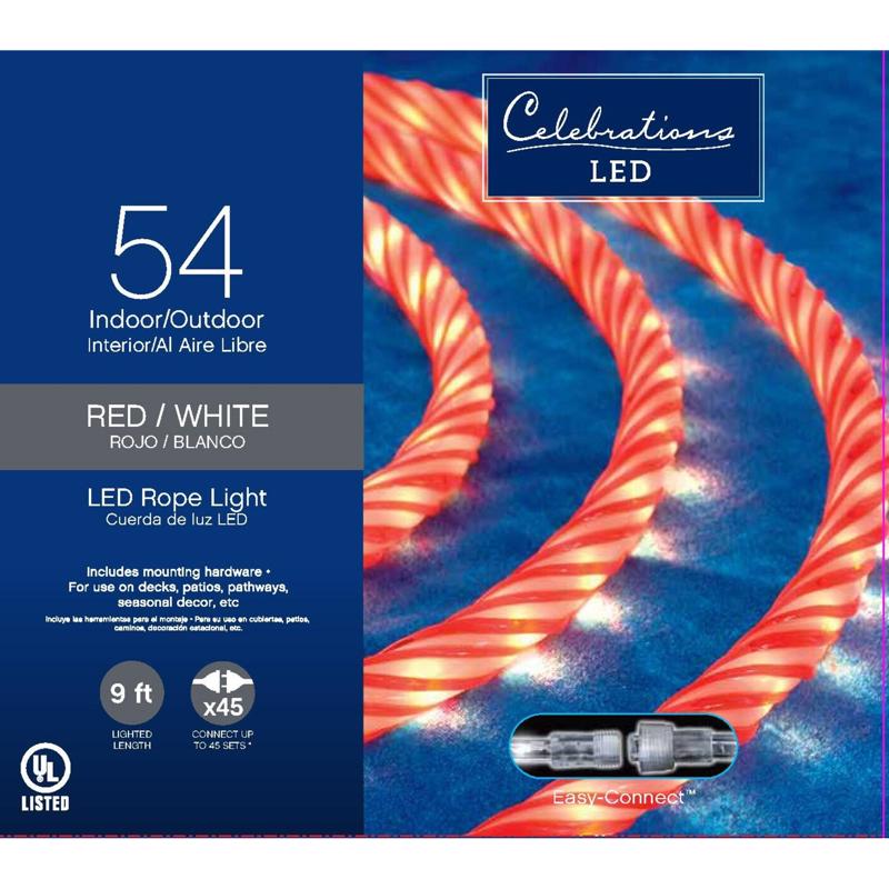 Emery Jensen CMAS Rope LED light strip in red and white, 9 feet long, for decorative lighting and outdoor use.