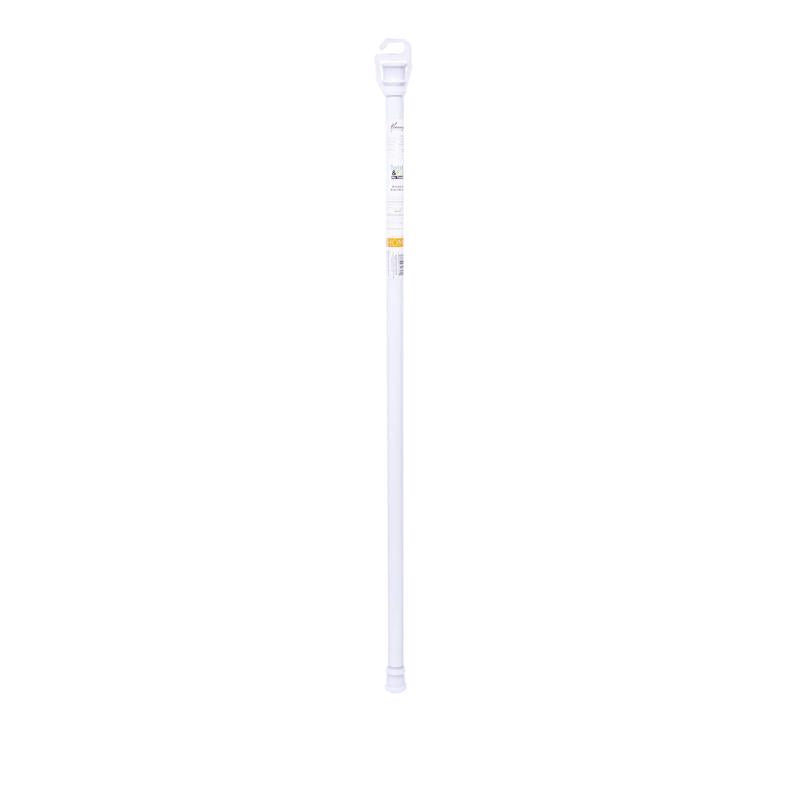 Emery Jensen 63-inch white adjustable shower rod in bathroom with tiled walls and shower curtain hanging.