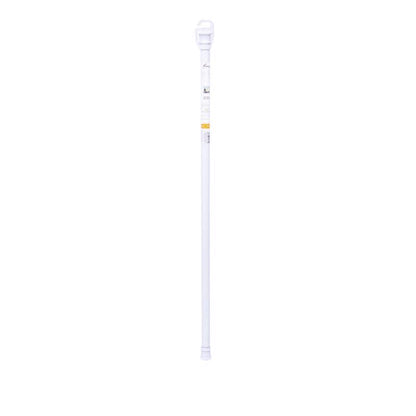 Emery Jensen 63-inch white adjustable shower rod in bathroom with tiled walls and shower curtain hanging.