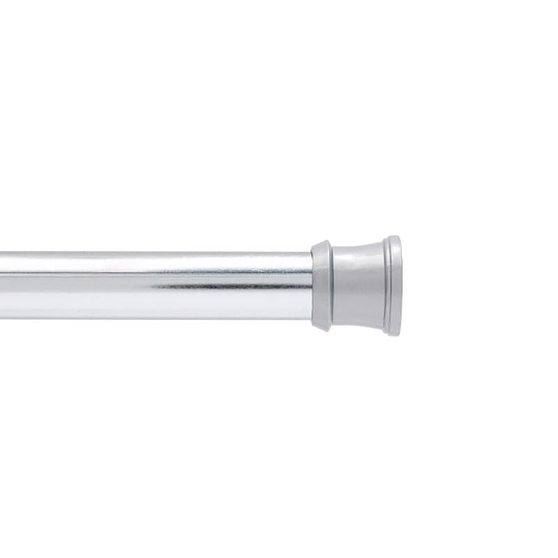 Adjustable curtain rod in red with silver ends, 63 inches long, by Emery Jensen, suitable for bathroom or shower curtain hanging.