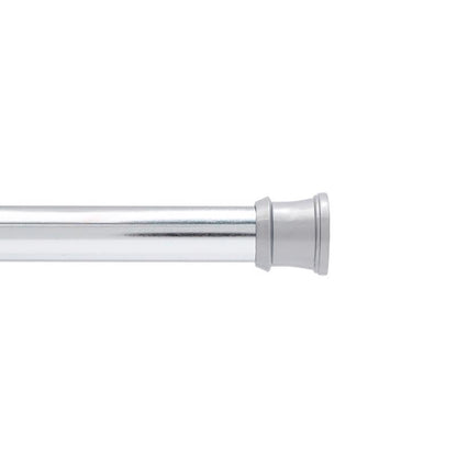 Adjustable curtain rod in red with silver ends, 63 inches long, by Emery Jensen, suitable for bathroom or shower curtain hanging.