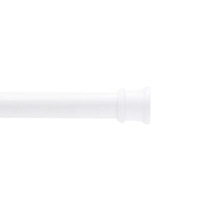 Adjustable white fabric curtain rod, 72 inches, by Emery Jensen, designed for bathroom accessories and decor.