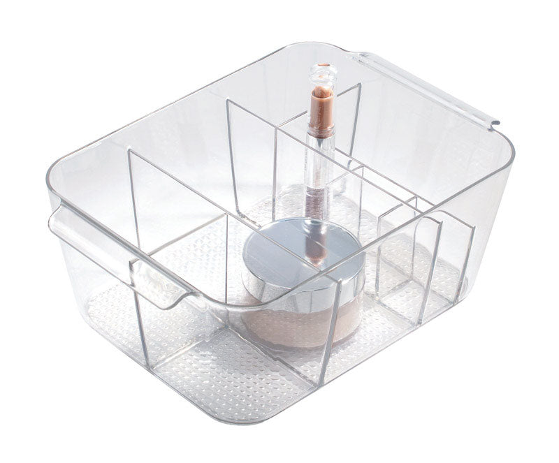 Clear cosmetic organizer from Emery Jensen, a bath accessory with multiple compartments for storing toiletries and beauty products.