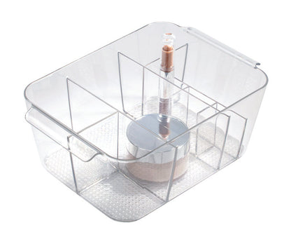 Clear cosmetic organizer from Emery Jensen, a bath accessory with multiple compartments for storing toiletries and beauty products.