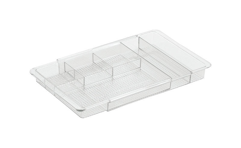 Clear Emery Jensen drawer organizer for bath accessories, showing multiple compartments for organizing small items.