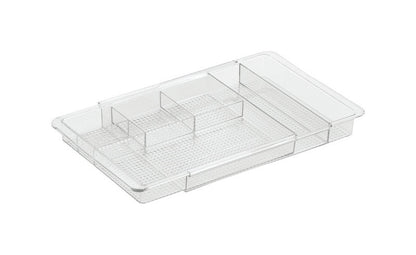 Clear Emery Jensen drawer organizer for bath accessories, showing multiple compartments for organizing small items.