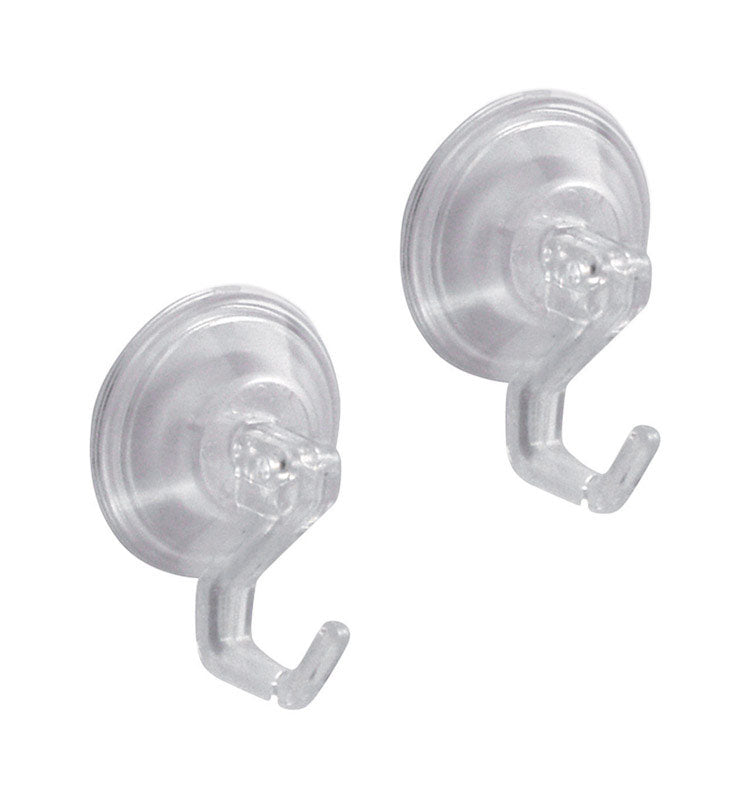 Emery Jensen plastic clear robe hooks 2-pack, mounted on bathroom wall, for hanging towels and robes.