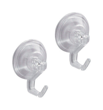 Emery Jensen plastic clear robe hooks 2-pack, mounted on bathroom wall, for hanging towels and robes.