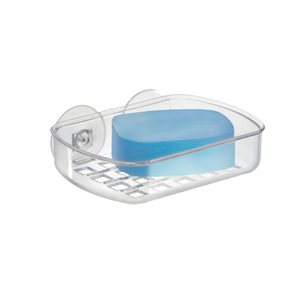 Emery Jensen soap dish with clear suction cup for bathroom, designed to hold soap securely on shower or bath surfaces.