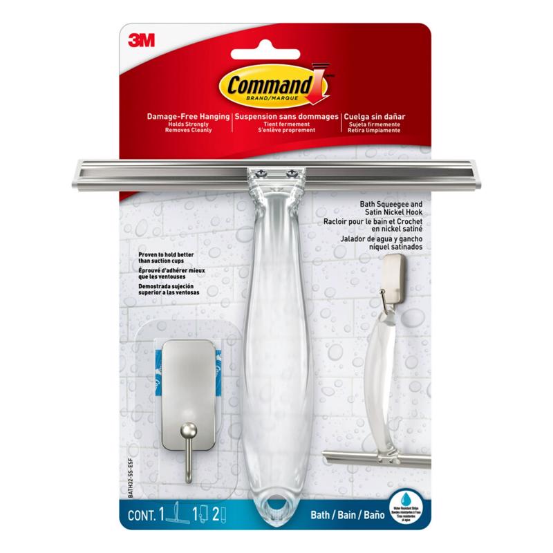 Emery Jensen bath accessories featuring a squeegee and hook for cleaning and organization.