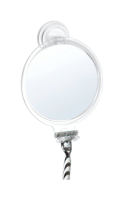 Emery Jensen suction shower mirror mounted on bathroom wall, part of bath accessories for convenient grooming.