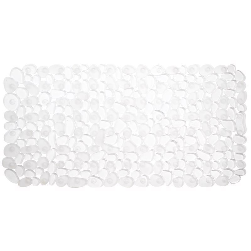 Clear Emery Jensen bath mat, 26.5 inches long, with textured surface for safety, designed for bathroom use.
