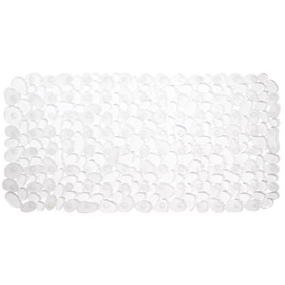 Clear Emery Jensen bath mat, 26.5 inches long, with textured surface for safety, designed for bathroom use.