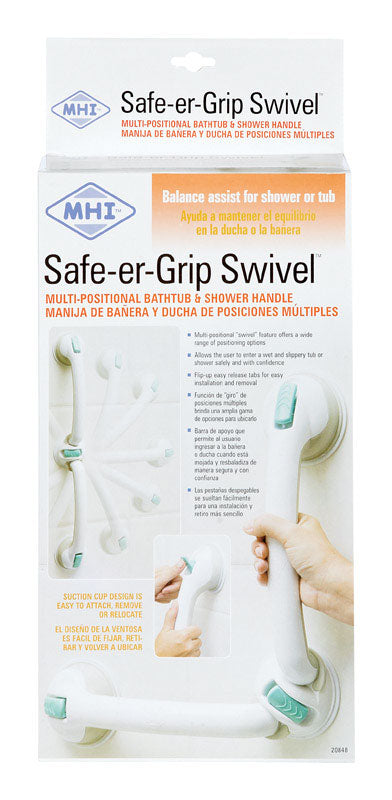 Emery Jensen SAFERGRP Swivel Bar bath safety rail with adjustable support, mounted on a bathtub for added stability and safety.