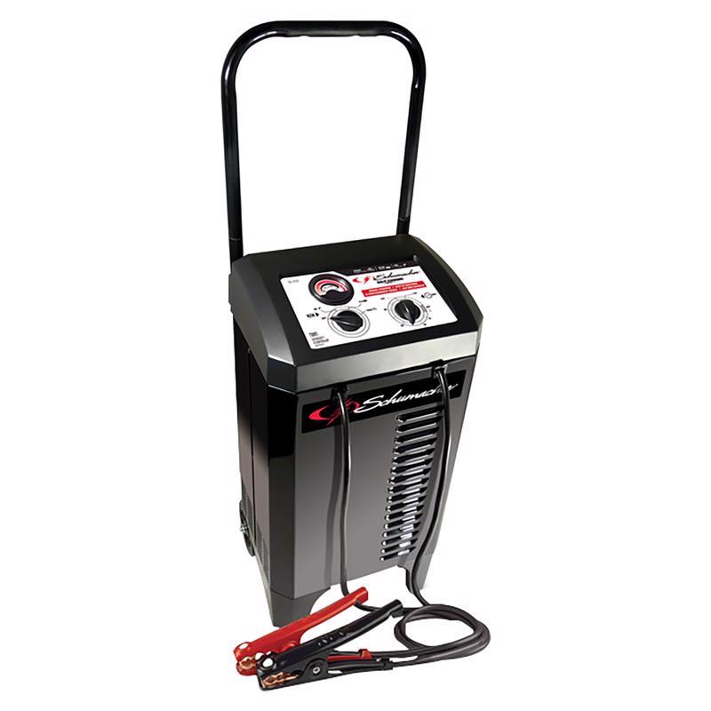 Emery Jensen BATRY Chr/eng START 150A battery charger connected to a car battery for jump-starting or charging.