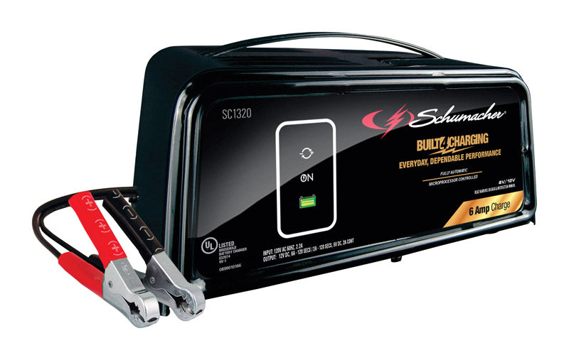 Pair of Emery Jensen 6A battery chargers shown with black and red design, suitable for automotive and rechargeable batteries