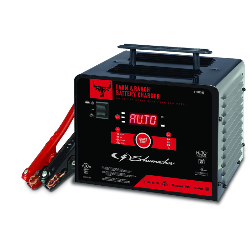 Emery Jensen 200A battery charger for automotive batteries, compact and durable design in black with control buttons