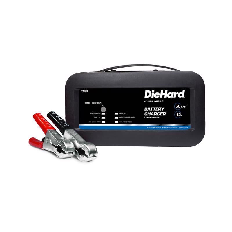 Black 12V battery charger from Emery Jensen, designed for efficient charging of 12-volt batteries.