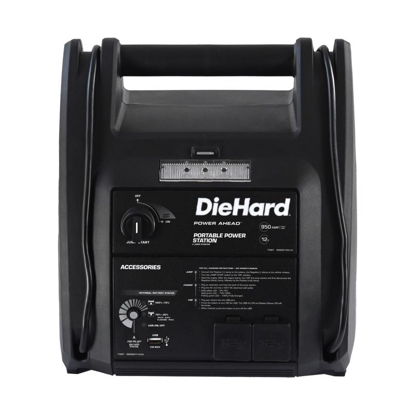 Emery Jensen DieHard JumpStart 950Amp battery charger connected to a vehicle's battery for jump-starting.