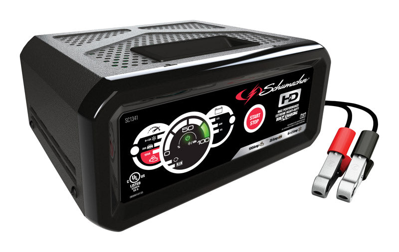 Emery Jensen 100A battery starter/charger for automotive use, with red and black clamps and digital control panel.