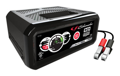 Emery Jensen 100A battery starter/charger for automotive use, with red and black clamps and digital control panel.