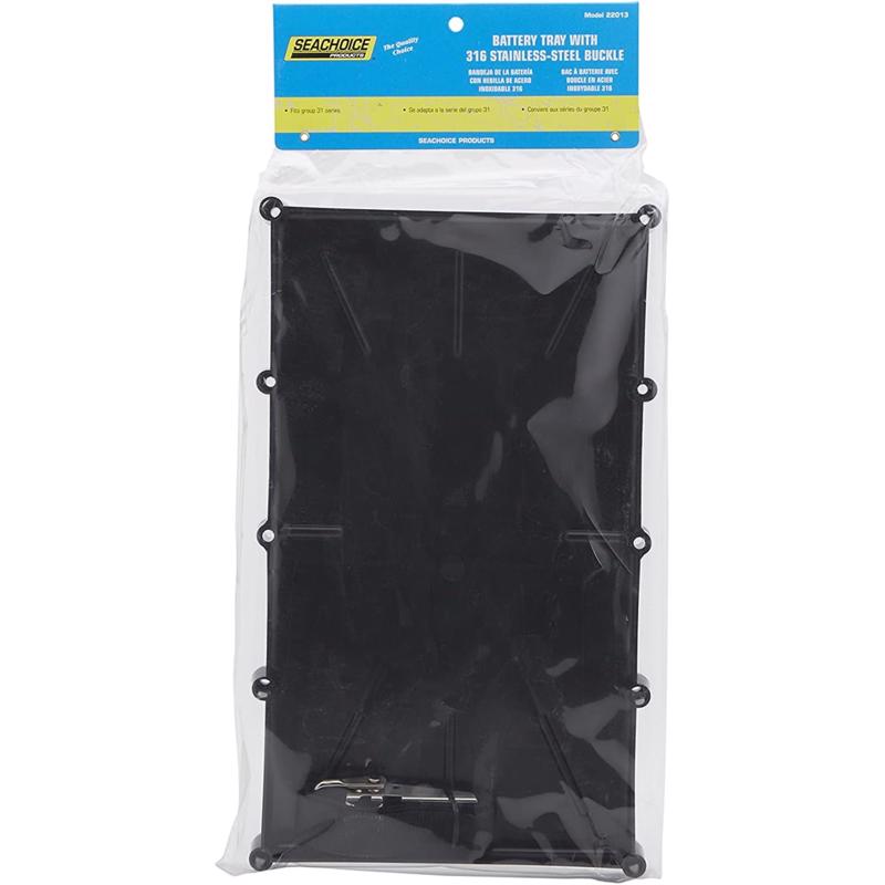 Emery Jensen 13.18-inch stainless steel battery tray for heavy-duty vehicle batteries with secure mounting features.