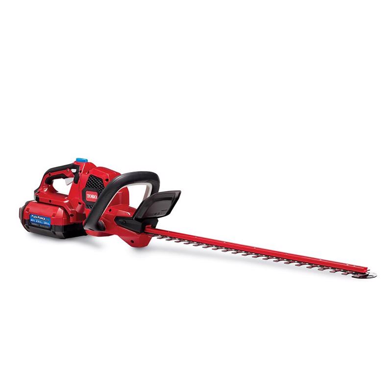 Emery Jensen 60V 24-inch battery hedge trimmers with dual blades for trimming and shaping hedges and shrubs outdoors.