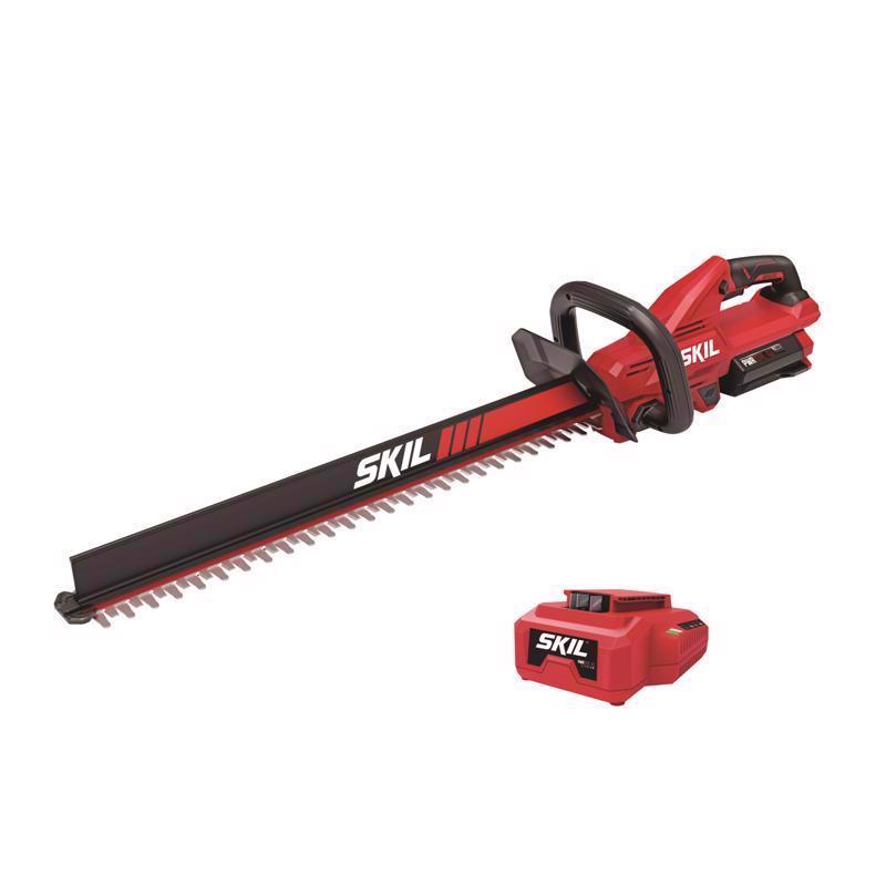 Emery Jensen SKIL 40V battery hedge trimmers with 24-inch blades, designed for efficient hedge trimming and shaping.