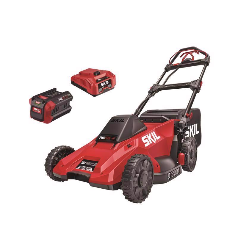 Emery Jensen SKIL 40V 20-inch battery lawn mower with grass collection bag and adjustable cutting height.