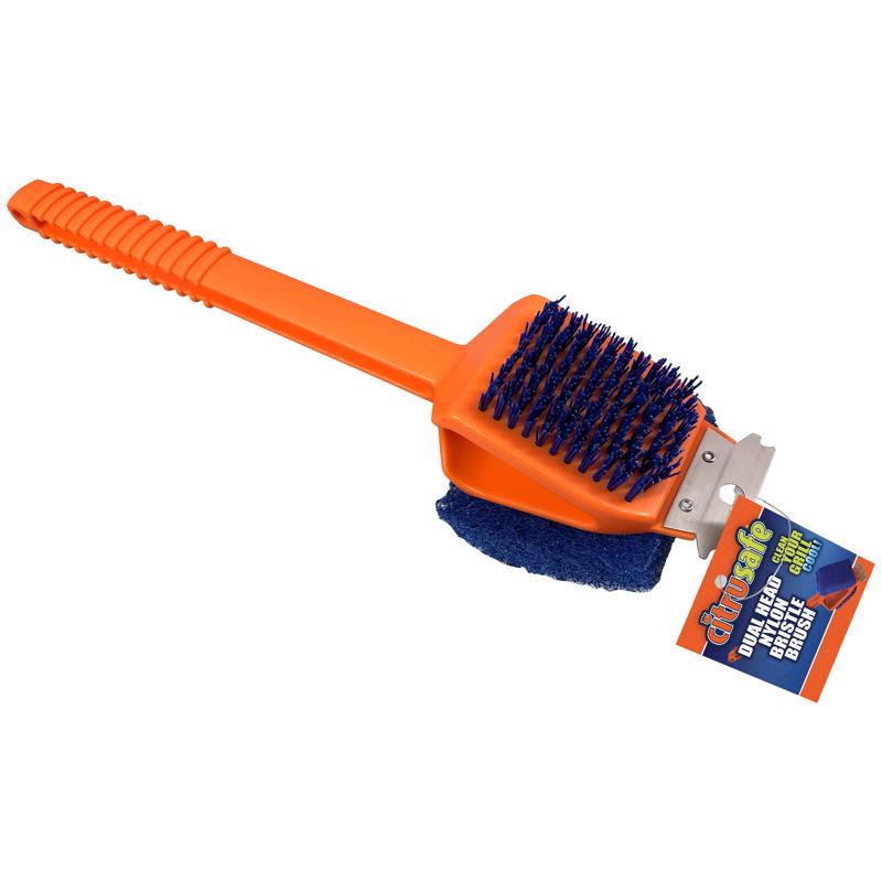 Emery Jensen DL HD Grill Brush with nylon bristles for effective barbecue cleaning, shown in a close-up image.