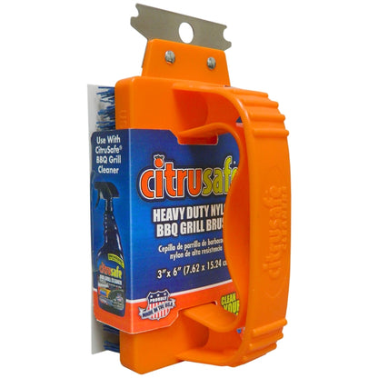 Orange 5-inch grill brush from Emery Jensen, a BBQ cleaning tool with bristles for cleaning grill grates.