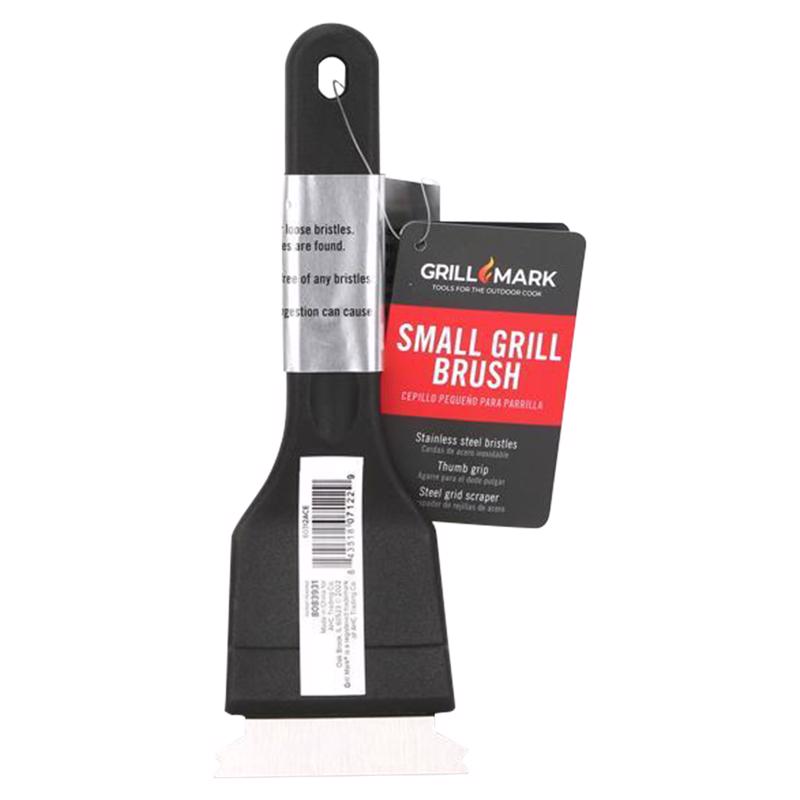 Small plastic grill brush from Emery Jensen, a BBQ cleaning tool with sturdy bristles for cleaning grill grates.