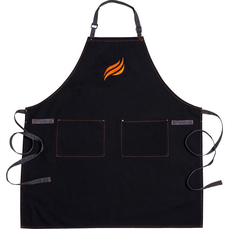 Black cotton apron from Emery Jensen, ideal for BBQ cooking accessories, featuring adjustable straps and pocket for grilling.