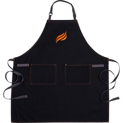 Black cotton apron from Emery Jensen, ideal for BBQ cooking accessories, featuring adjustable straps and pocket for grilling.