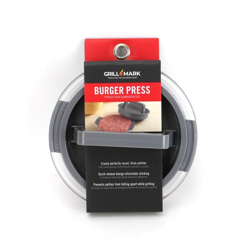 Black plastic burger press from Emery Jensen, a BBQ cooking accessory for shaping burger patties.