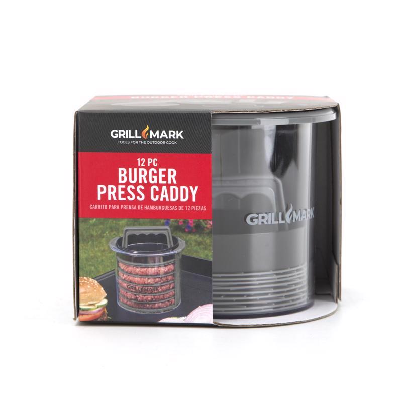 Emery Jensen burger press in black and gray plastic, designed for making uniform burger patties for BBQ cooking.