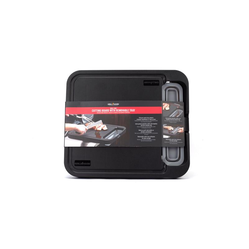 Emery Jensen black plastic cutting board for BBQ cooking accessories, durable and suitable for food preparation.