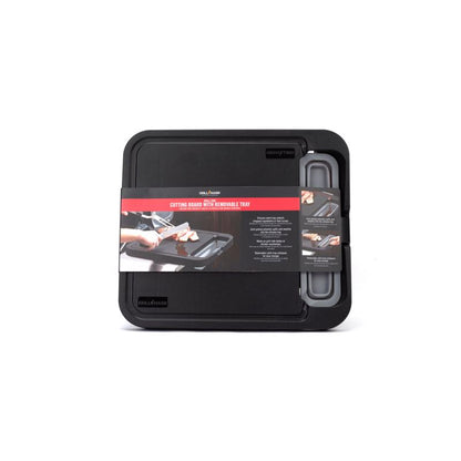 Emery Jensen black plastic cutting board for BBQ cooking accessories, durable and suitable for food preparation.