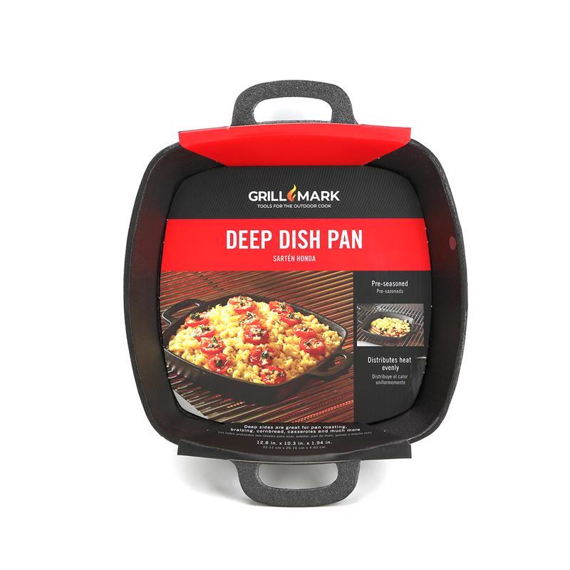 Emery Jensen 12.8-inch deep dish pan, ideal for BBQ cooking accessories, with a sturdy iron construction and non-stick surface.